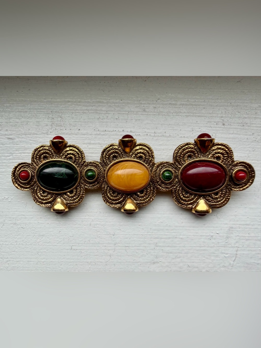 Vintage Gold-Tone Brooch Cluster with Yellow, Green and Red Cabochons